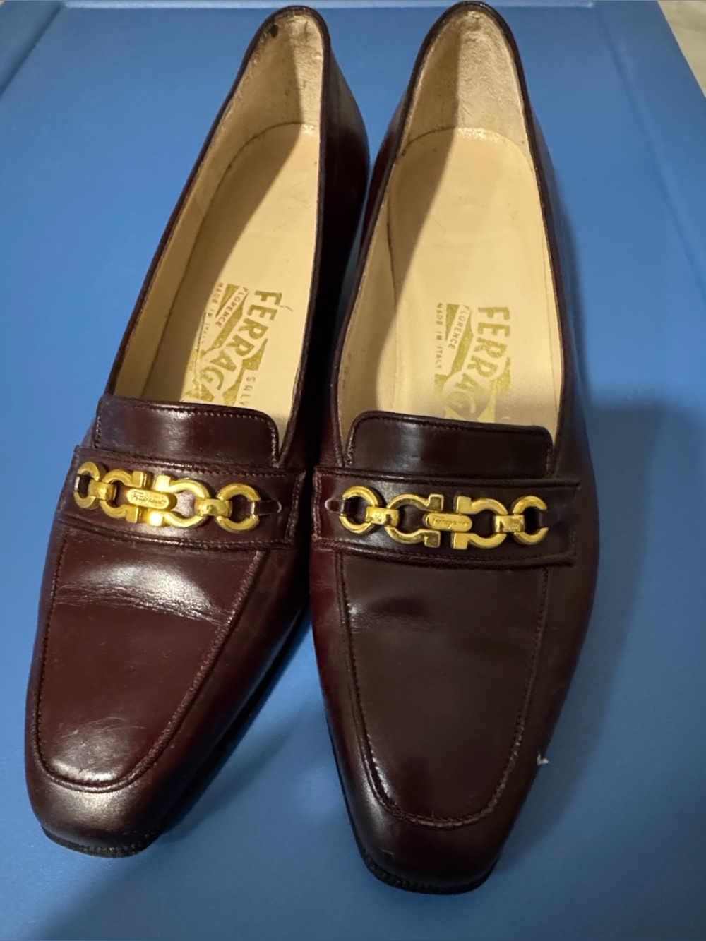 Salvatore Ferragamo Women’s Burgundy Leather Bit Loafers with Gold Chain detail